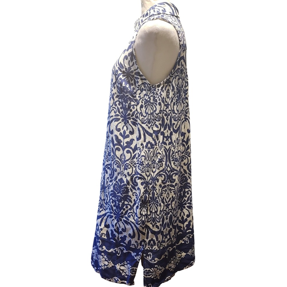 Casa Cabana Blue White Damask Linen Blend Sleeveless Quarter Zip Shift Dress S - Picture 2 of 7